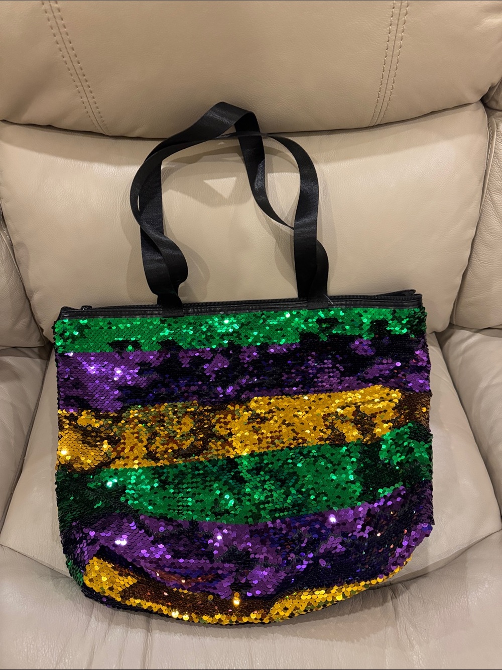 Sequin StripeMardi Gras Tote Bag in Green, Purple & Gold